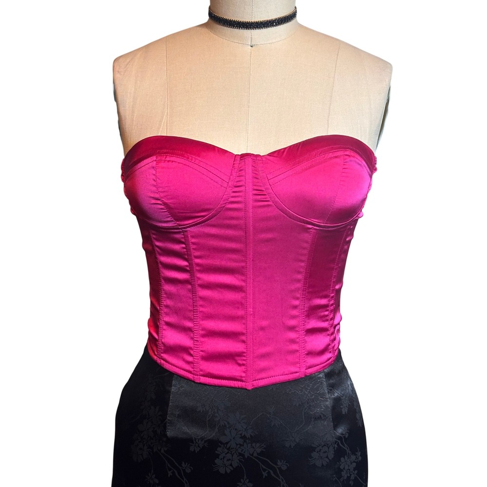 Y2K Party Pink Satin Corset Top Strapless Boned Bustier Small Pink Vintage